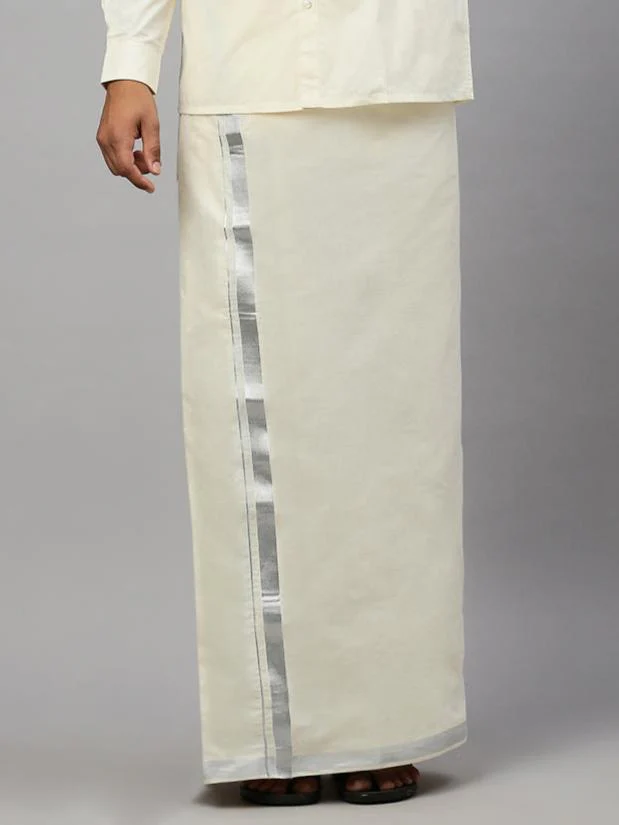 Men Kora Cotton Double Layer Dhoti with 1" Silver Jari Border Light Silver