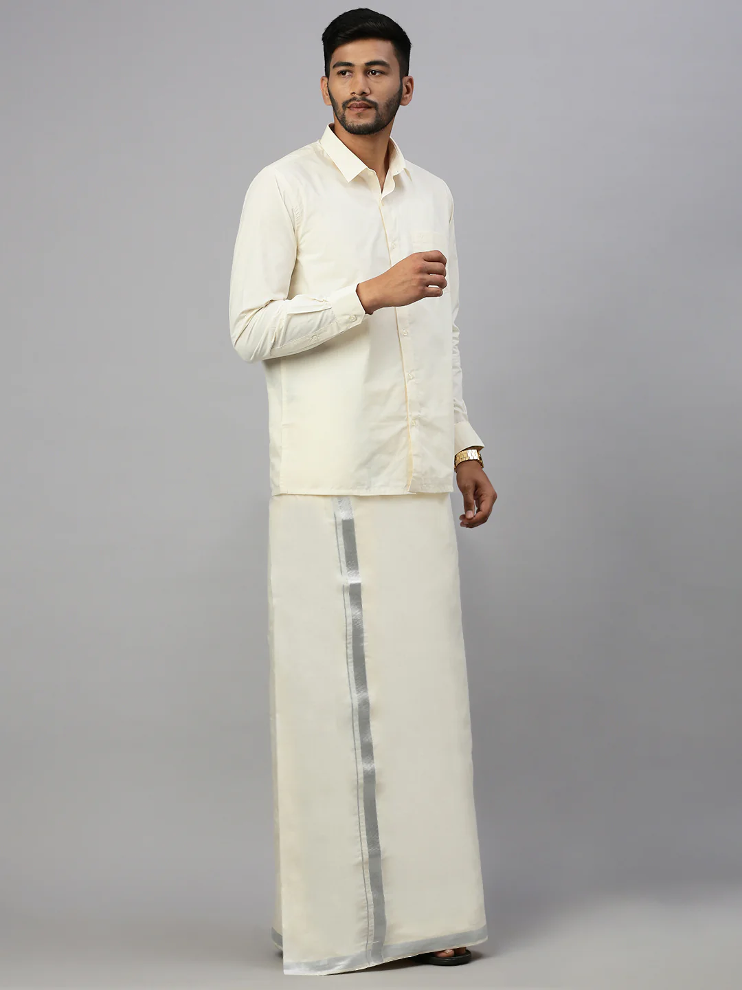 Men Kora Cotton Double Layer Dhoti with 1" Silver Jari Border Light Silver - Image 2