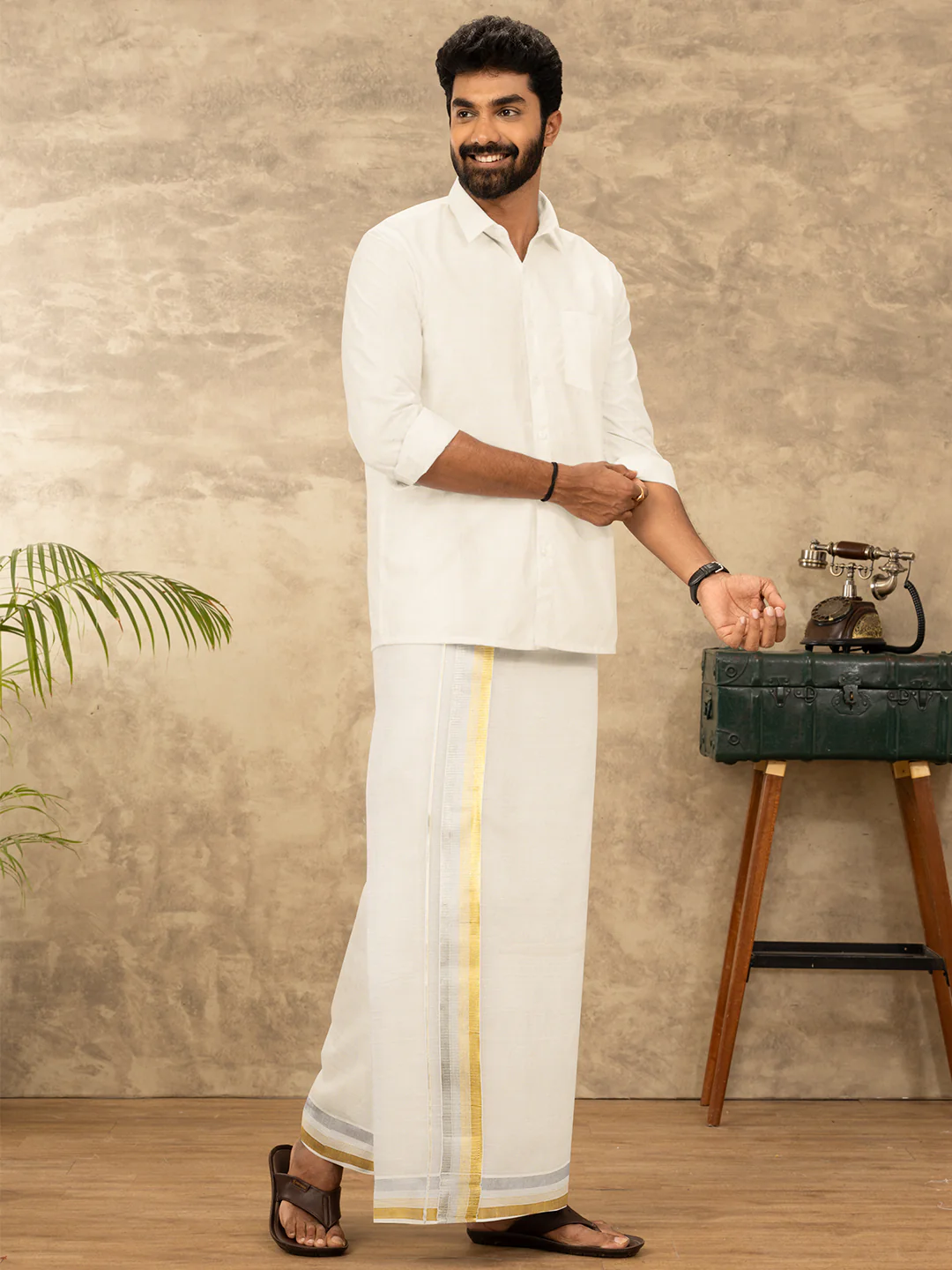 Men Kora Cotton Double Layer Dhoti with Fancy Jari Border Gold Crown - Image 5