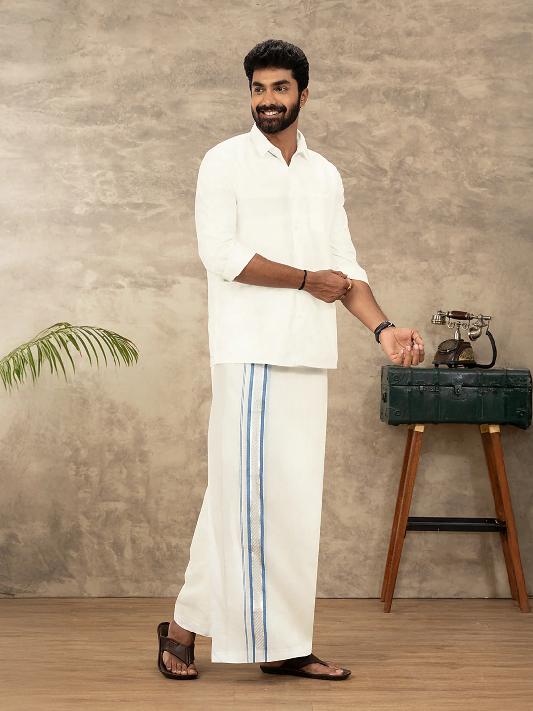 Men Kora Cotton Double Layer Dhoti with Fancy Jari Border MSF01 - Image 2