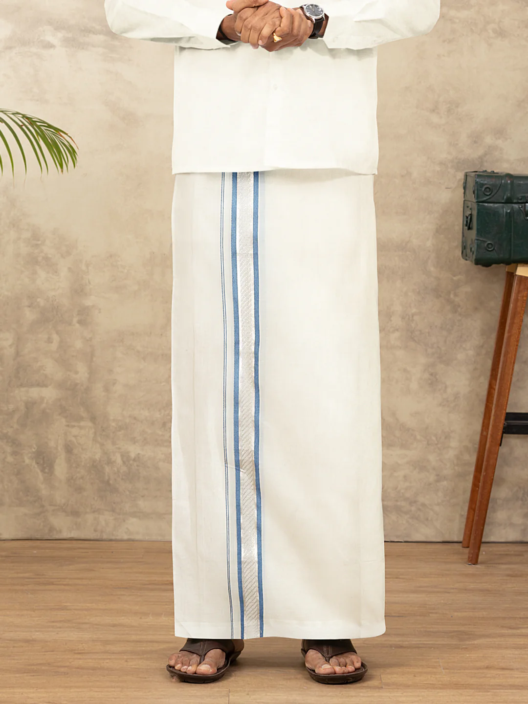 Men Kora Cotton Double Layer Dhoti with Fancy Jari Border MSF01 - Image 3