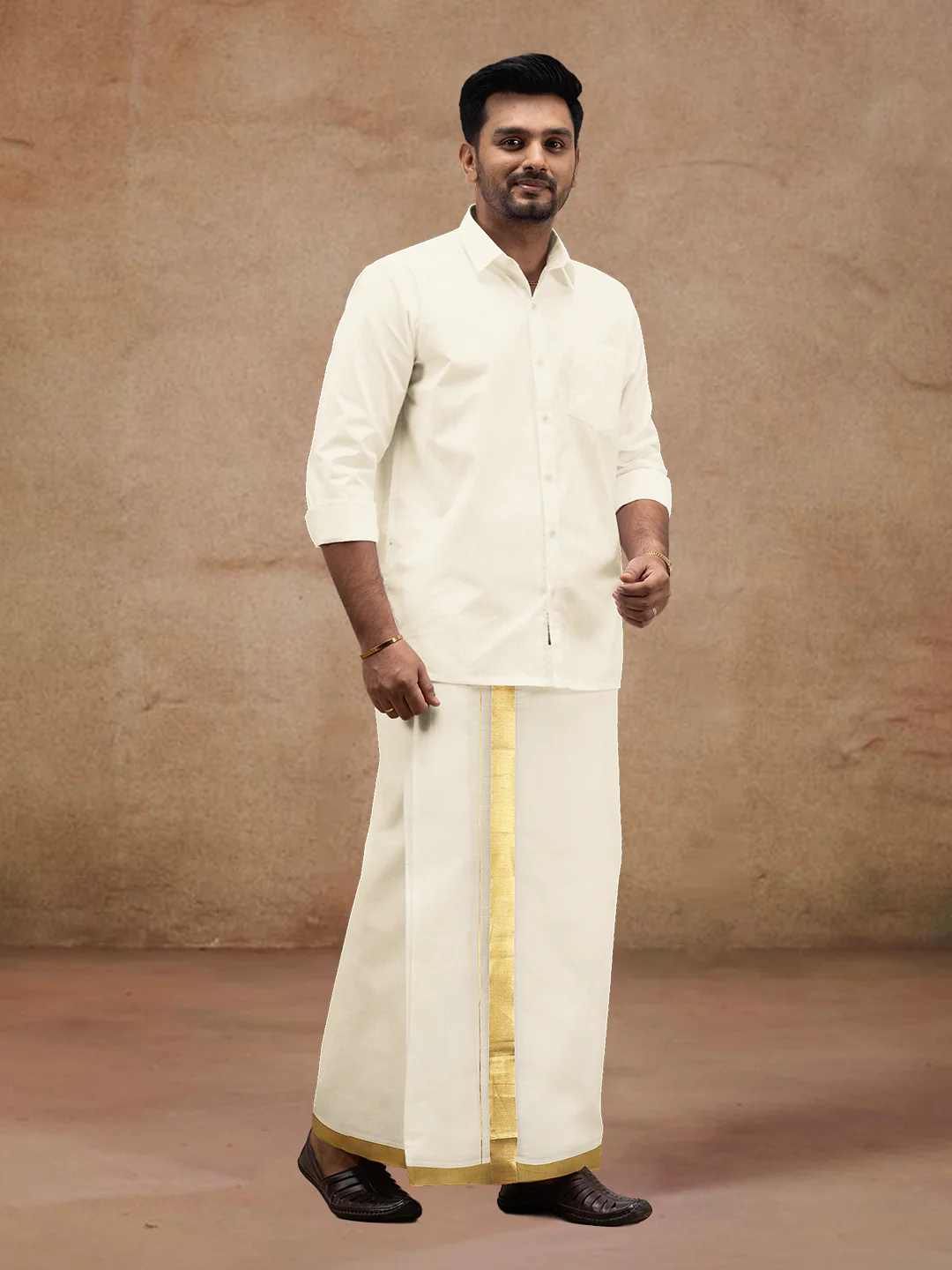 Men Kora Cotton Double Layer Dhoti with Double Side Fancy Jari Border PR14 - Image 2