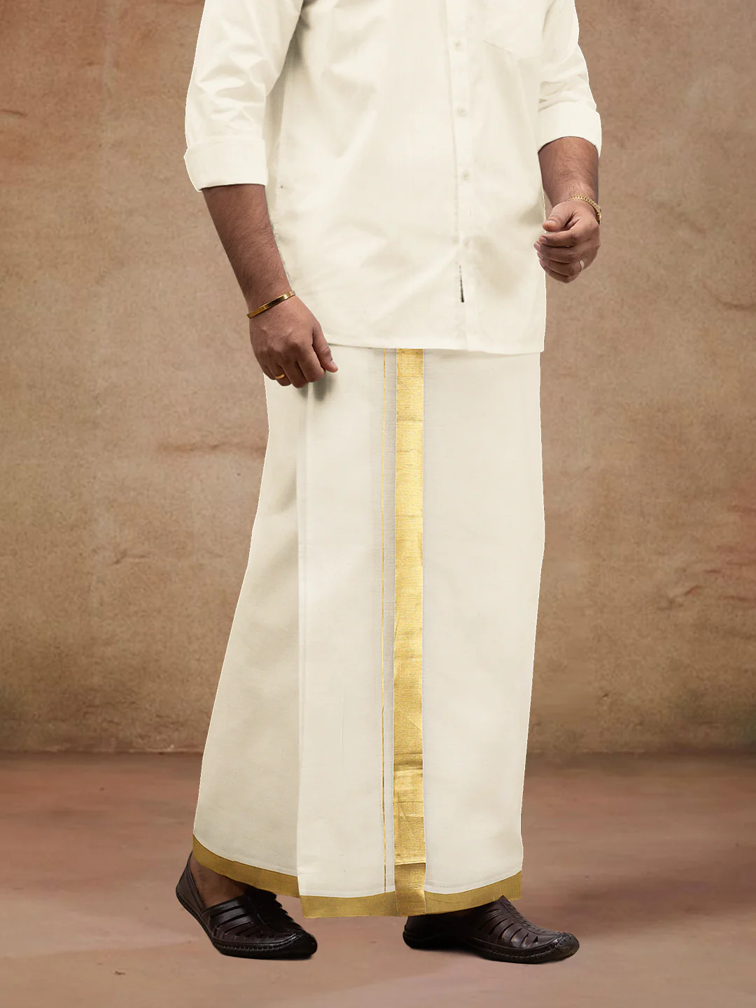 Men Kora Cotton Double Layer Dhoti with Double Side Fancy Jari Border PR14 - Image 4