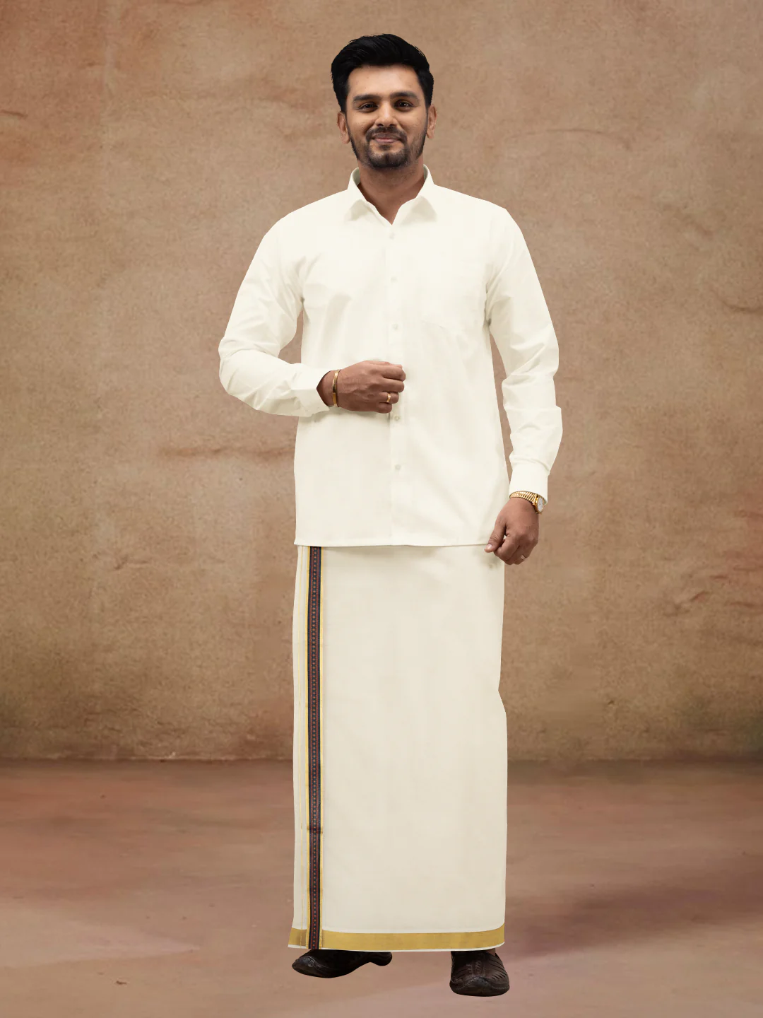 Men Kora Cotton Double Layer Dhoti with Double Side Fancy Jari Border PR14 - Image 5