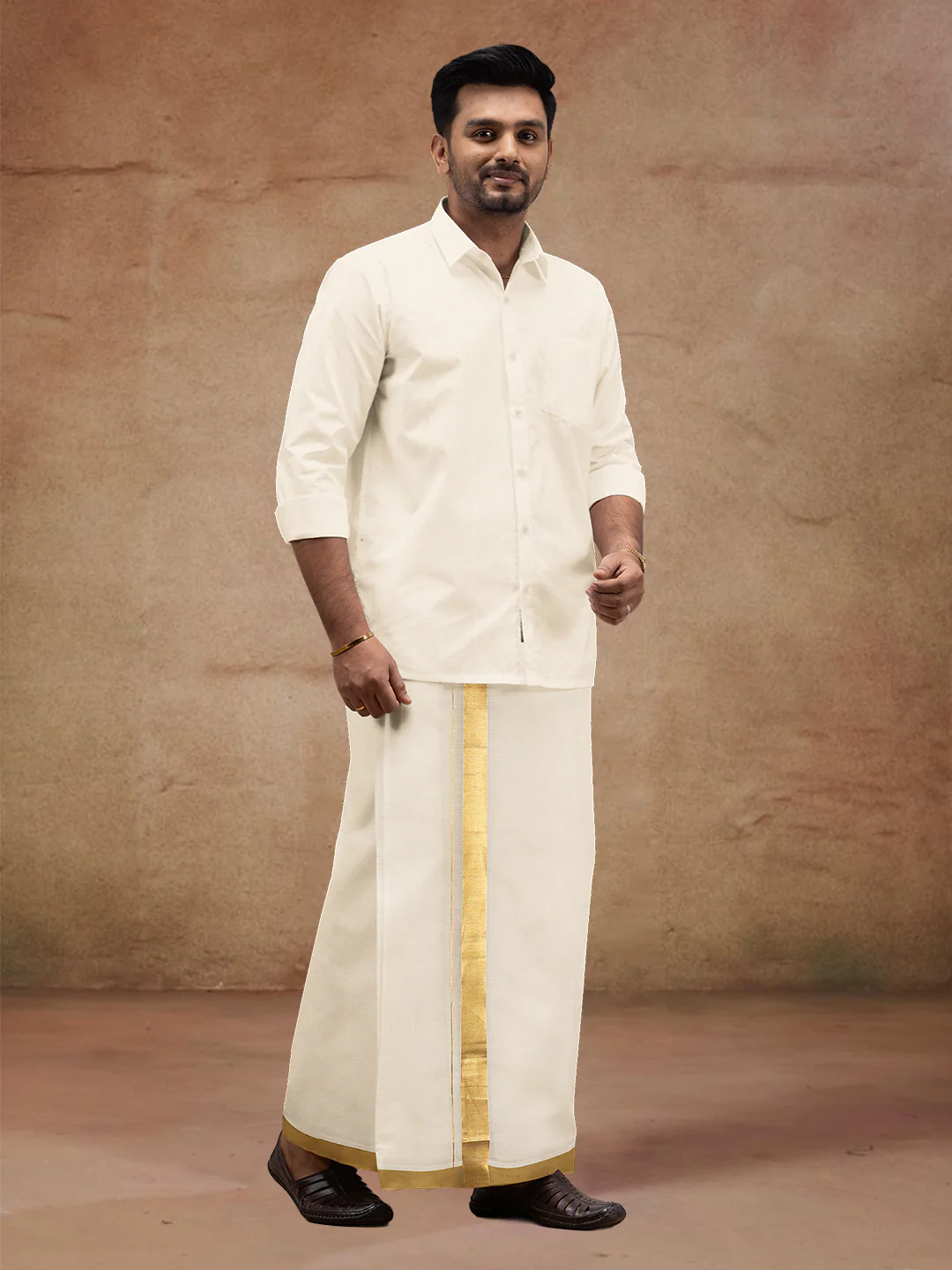 Men Kora Cotton Double Layer Dhoti with Double Side Fancy Jari Border PR17 - Image 4