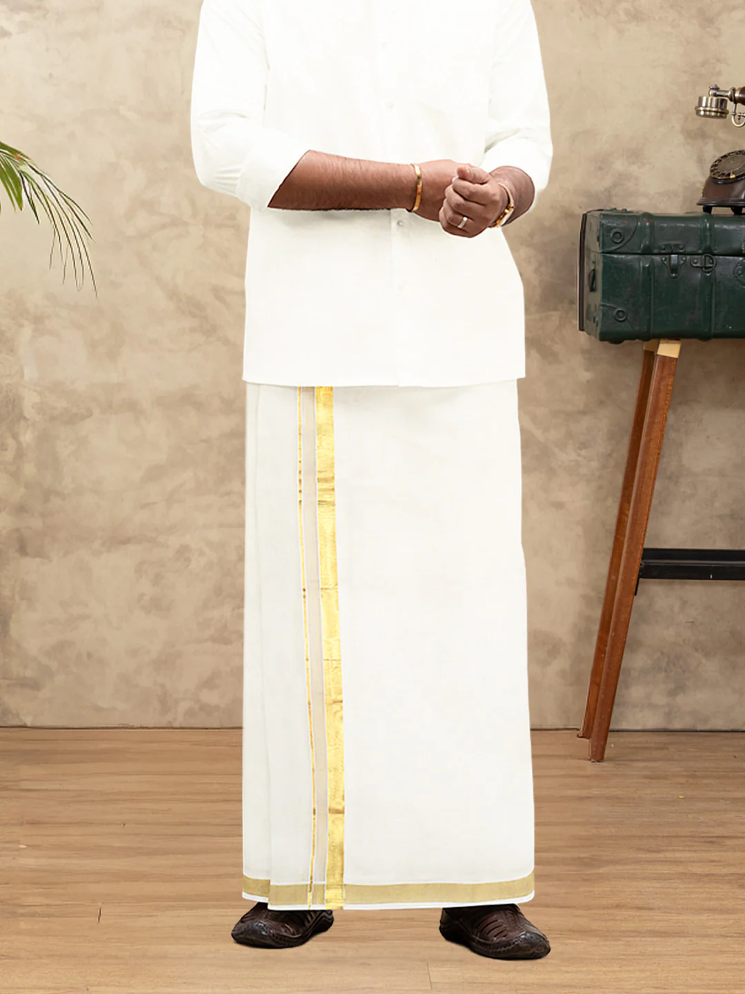 Men Kora Cotton Double Layer Dhoti with Gold Jari Border Chingam 5028