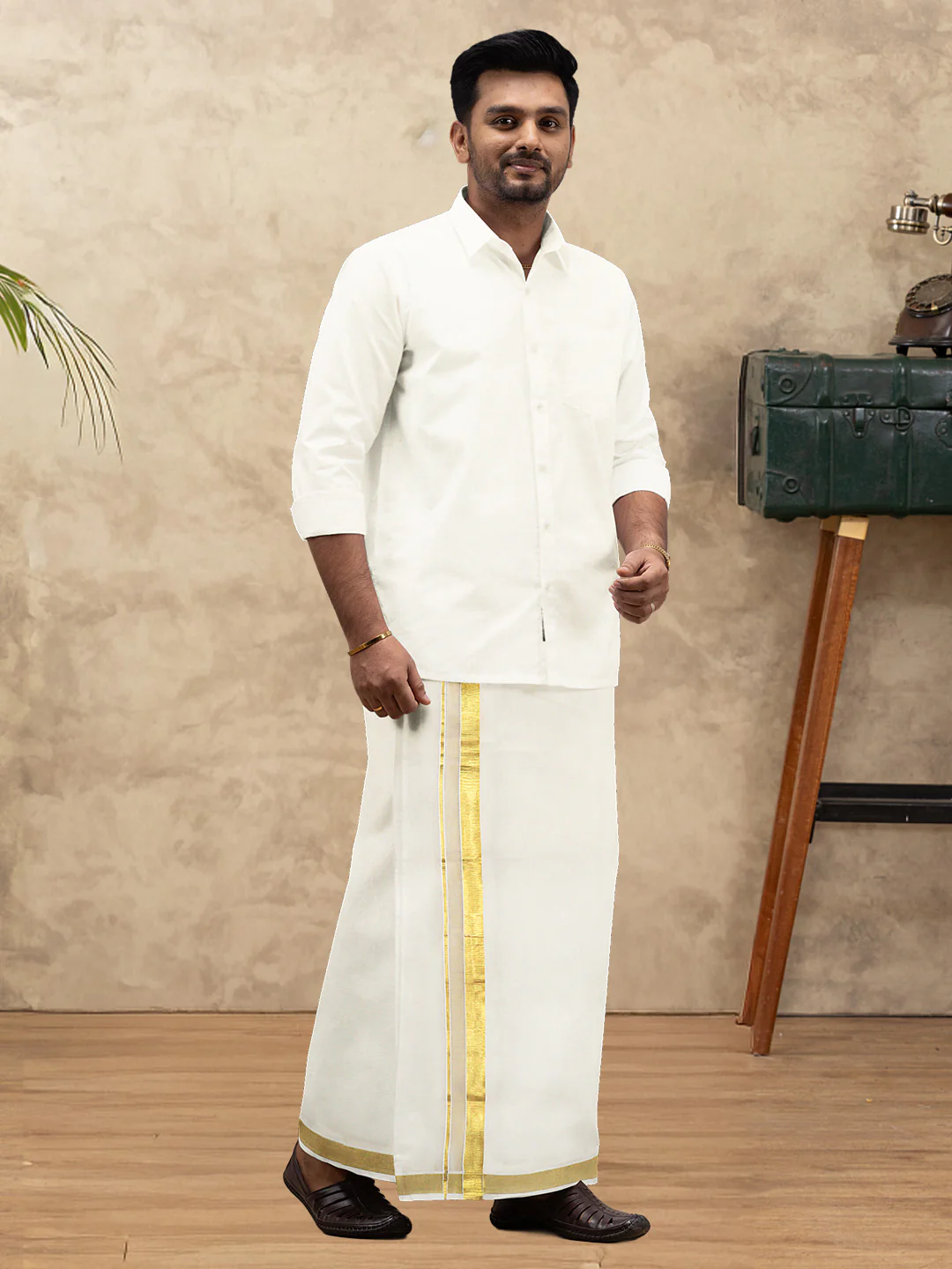 Men Kora Cotton Double Layer Dhoti with Gold Jari Border Chingam 5028 - Image 2
