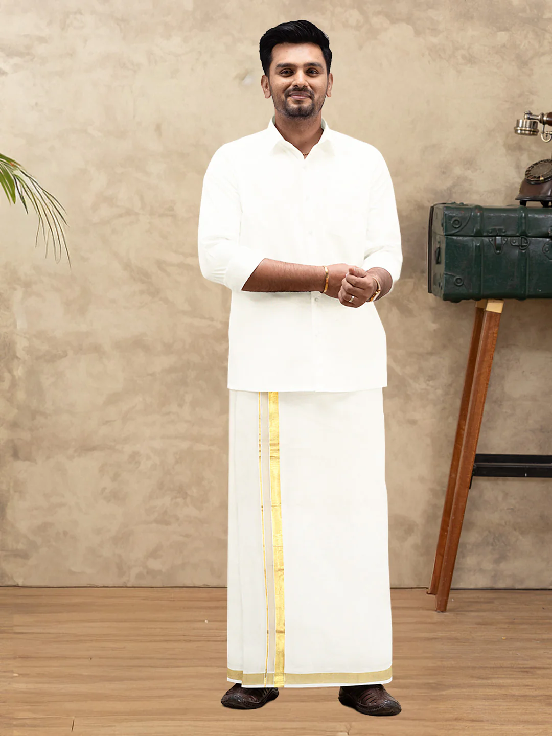 Men Kora Cotton Double Layer Dhoti with Gold Jari Border Chingam 5028 - Image 5
