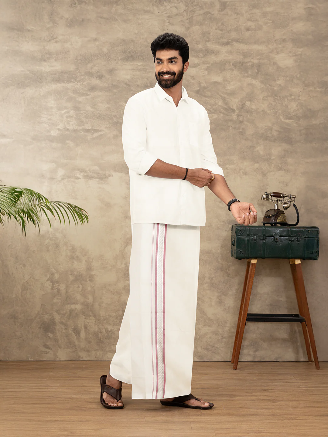 Men Kora Cotton Double Layer Dhoti with Red Fancy Jari Border MSF02 - Image 2