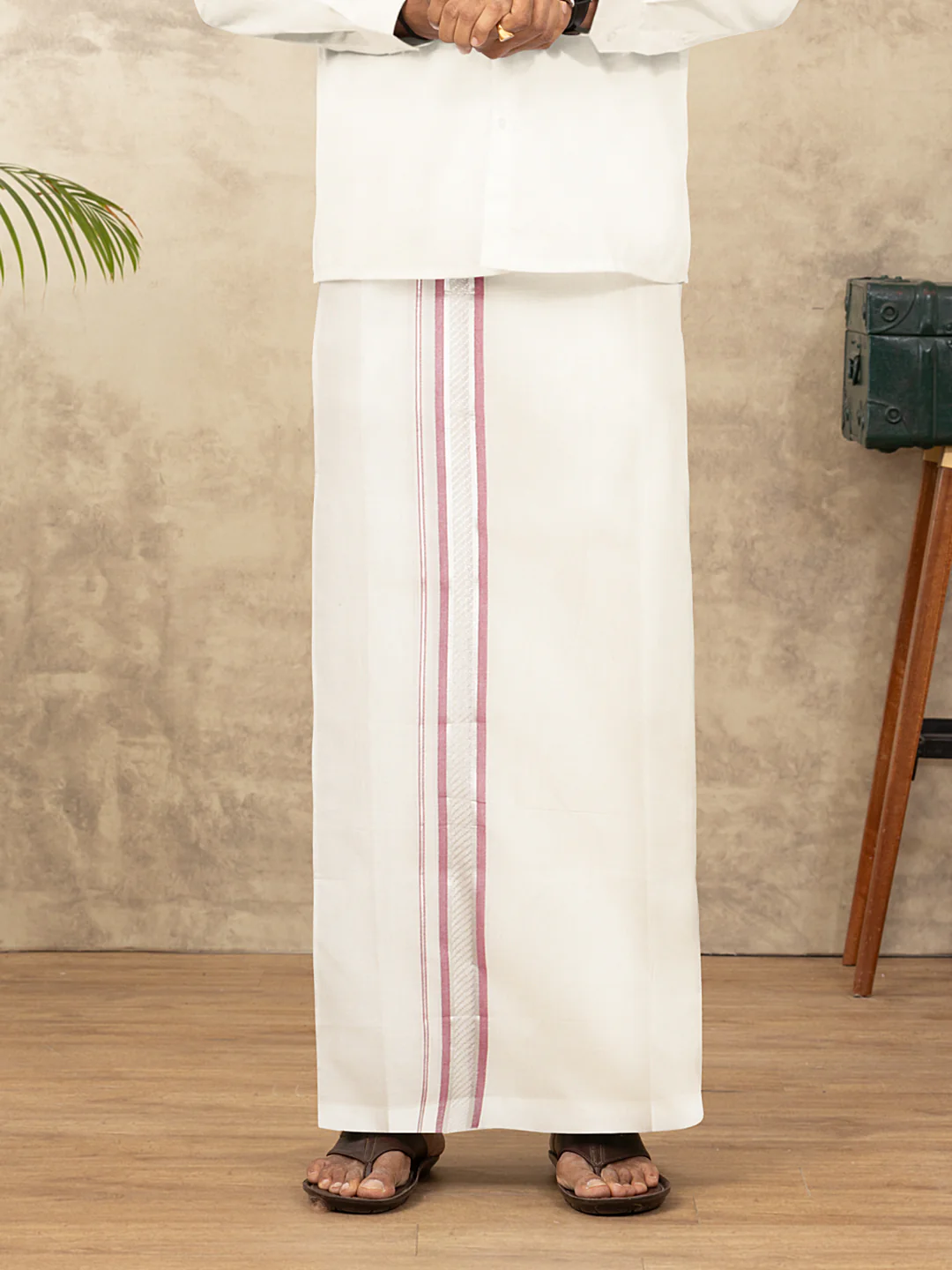 Men Kora Cotton Double Layer Dhoti with Red Fancy Jari Border MSF02 - Image 3