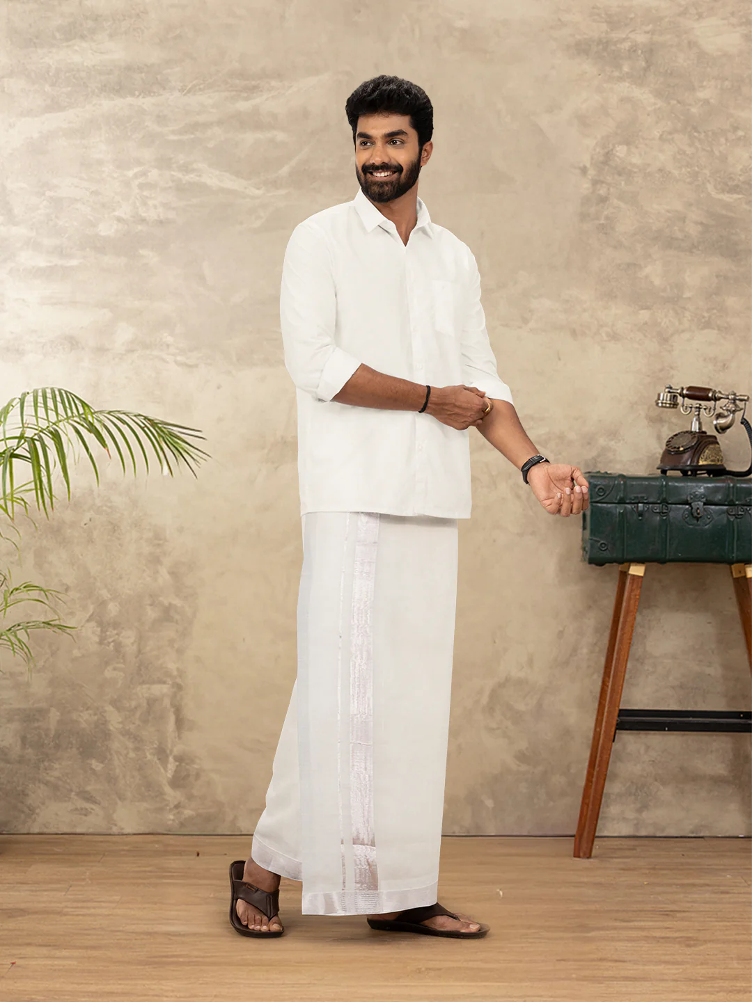Men Kora Cotton Double Layer Dhoti with Silver Jari Border - Image 2