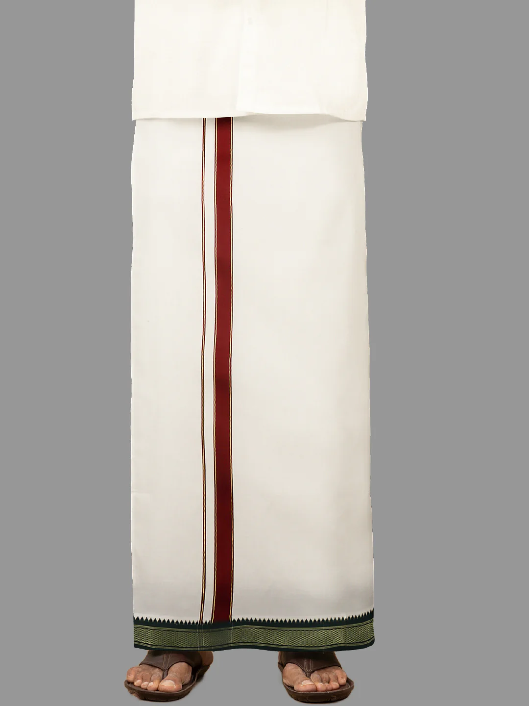 Men Kora Cotton Single Layer Dhoti with Mayilkhan Border Brindhavan (4 Way Dhoti )