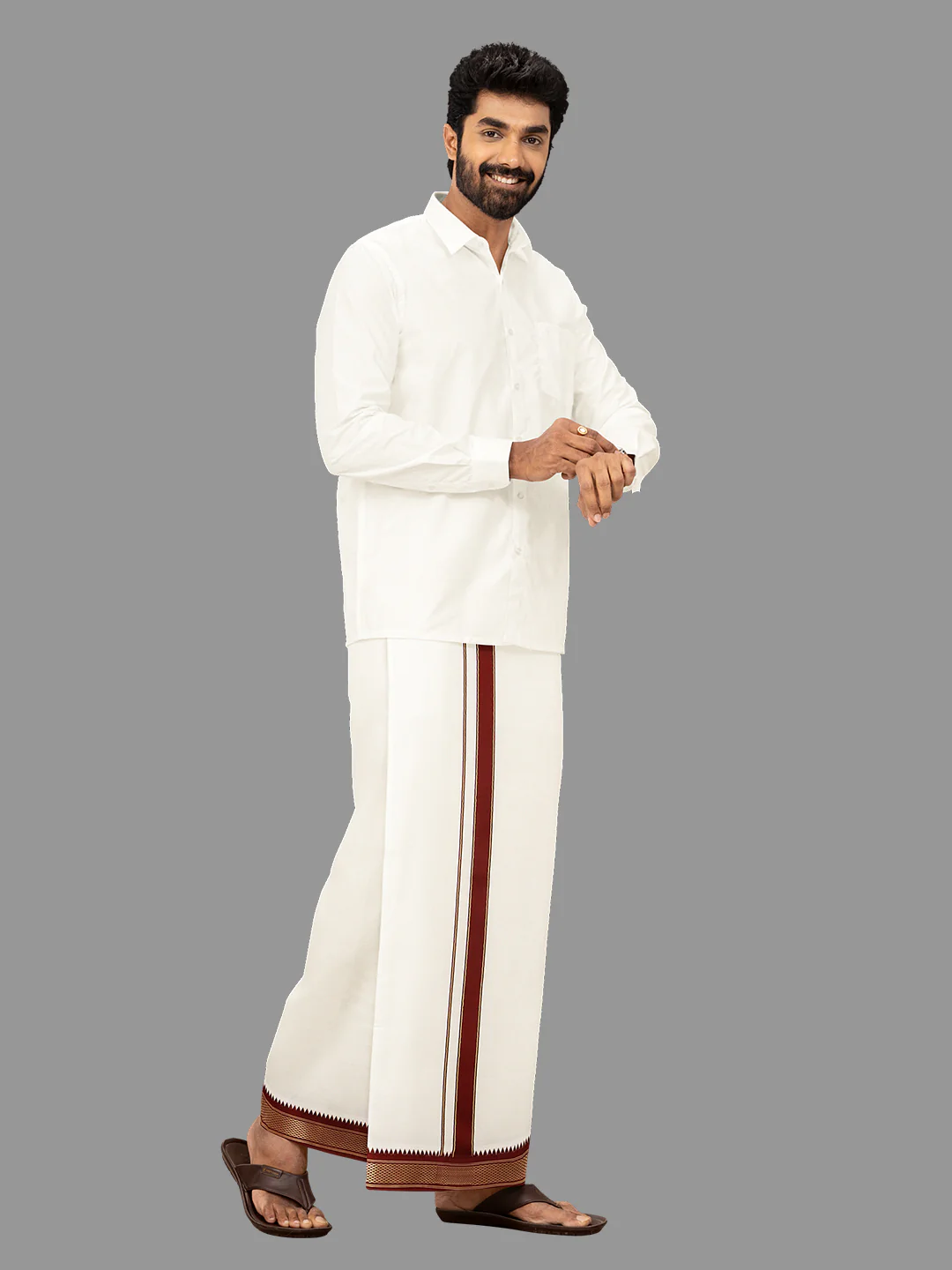 Men Kora Cotton Single Layer Dhoti with Mayilkhan Border Brindhavan (4 Way Dhoti ) - Image 2