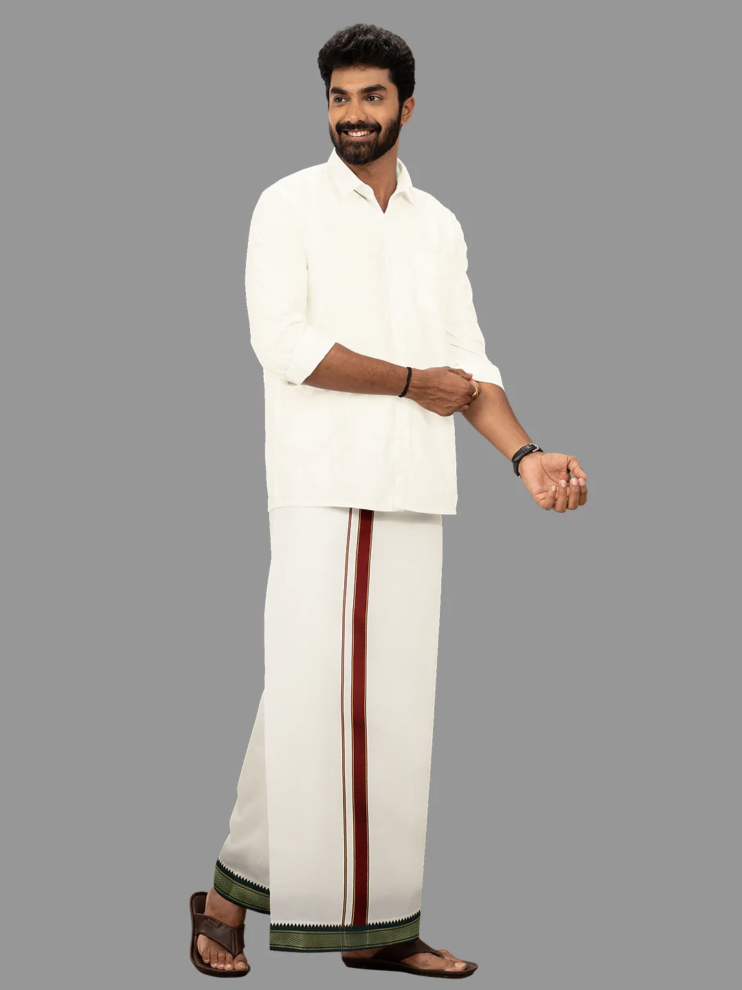 Men Kora Cotton Single Layer Dhoti with Mayilkhan Border Brindhavan (4 Way Dhoti ) - Image 3