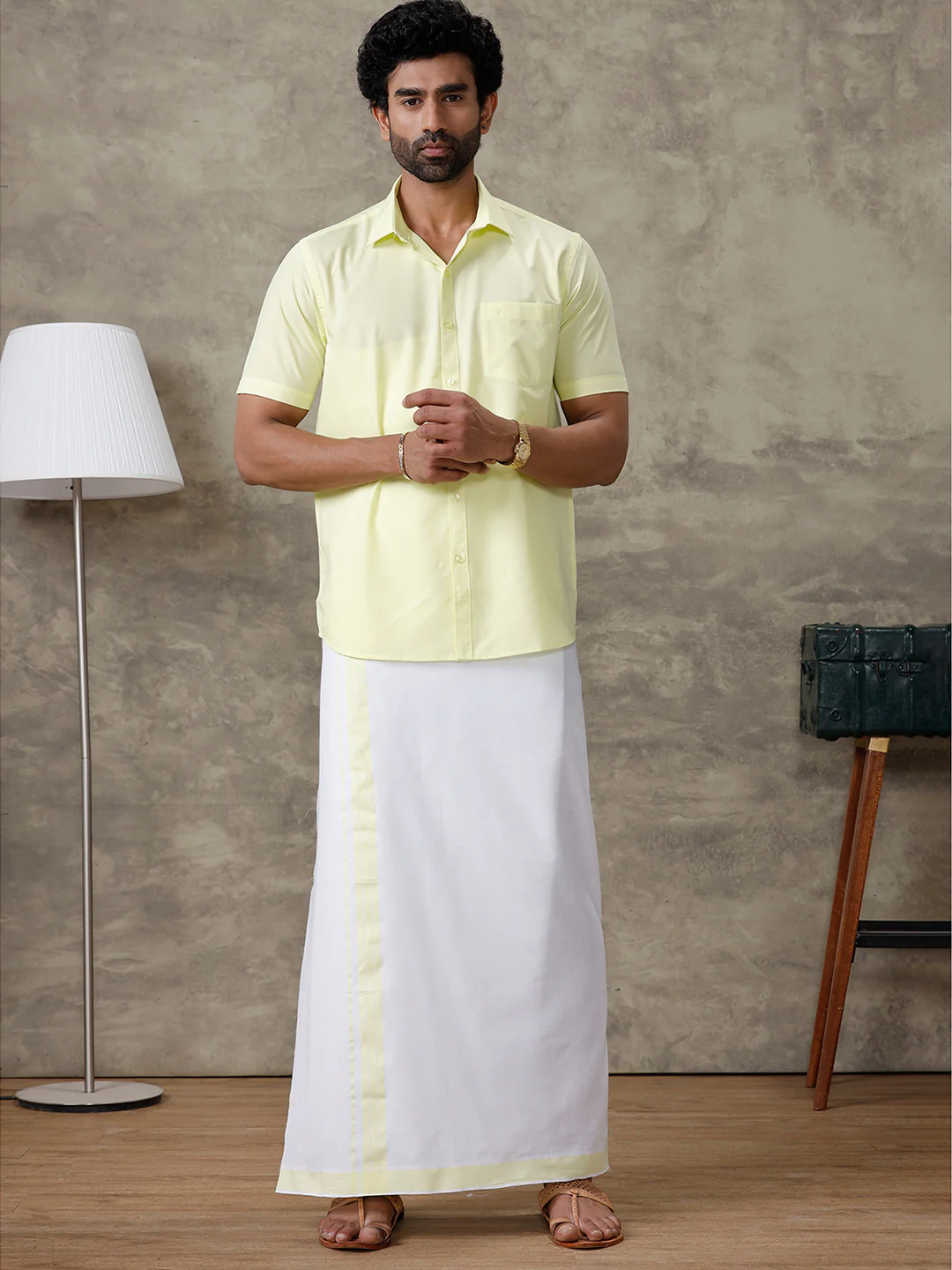 Men Laser Lemon Shirt With Matching Border Dhoti Set Trendy - Image 2