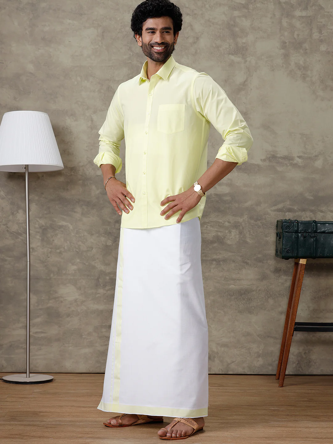 Men Laser Lemon Shirt With Matching Border Dhoti Set Trendy - Image 3