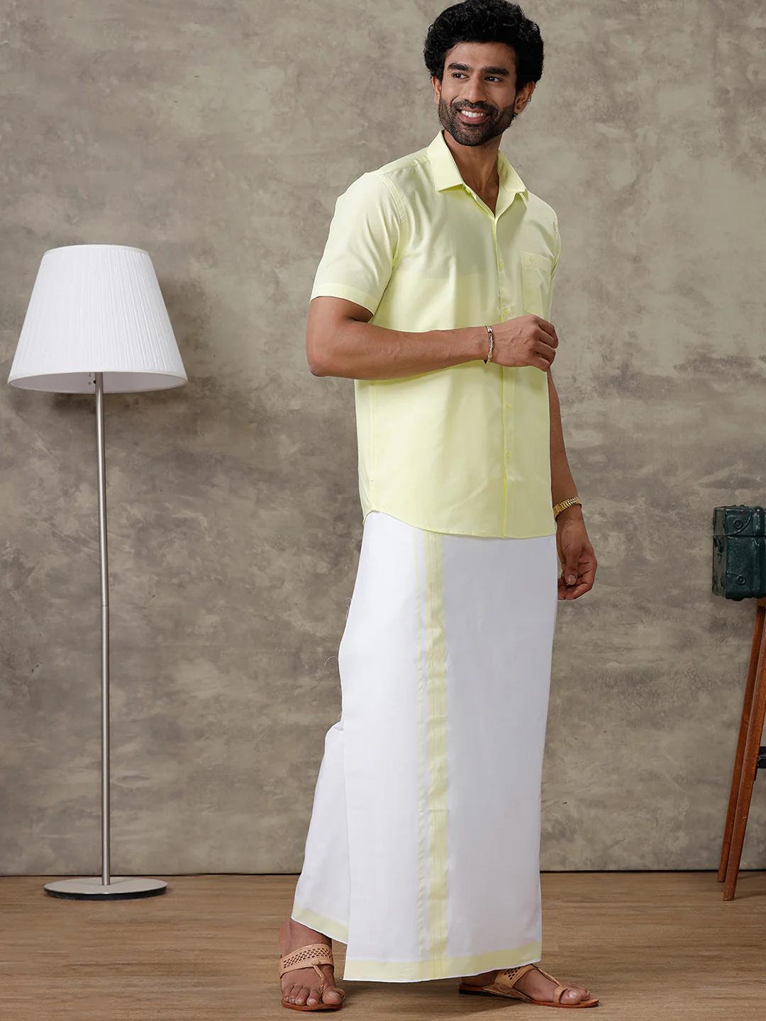 Men Laser Lemon Shirt With Matching Border Dhoti Set Trendy - Image 4