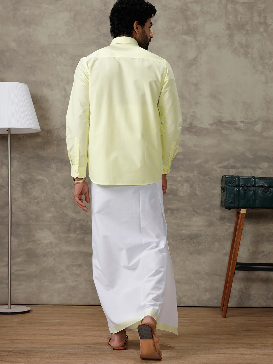 Men Laser Lemon Shirt With Matching Border Dhoti Set Trendy - Image 7