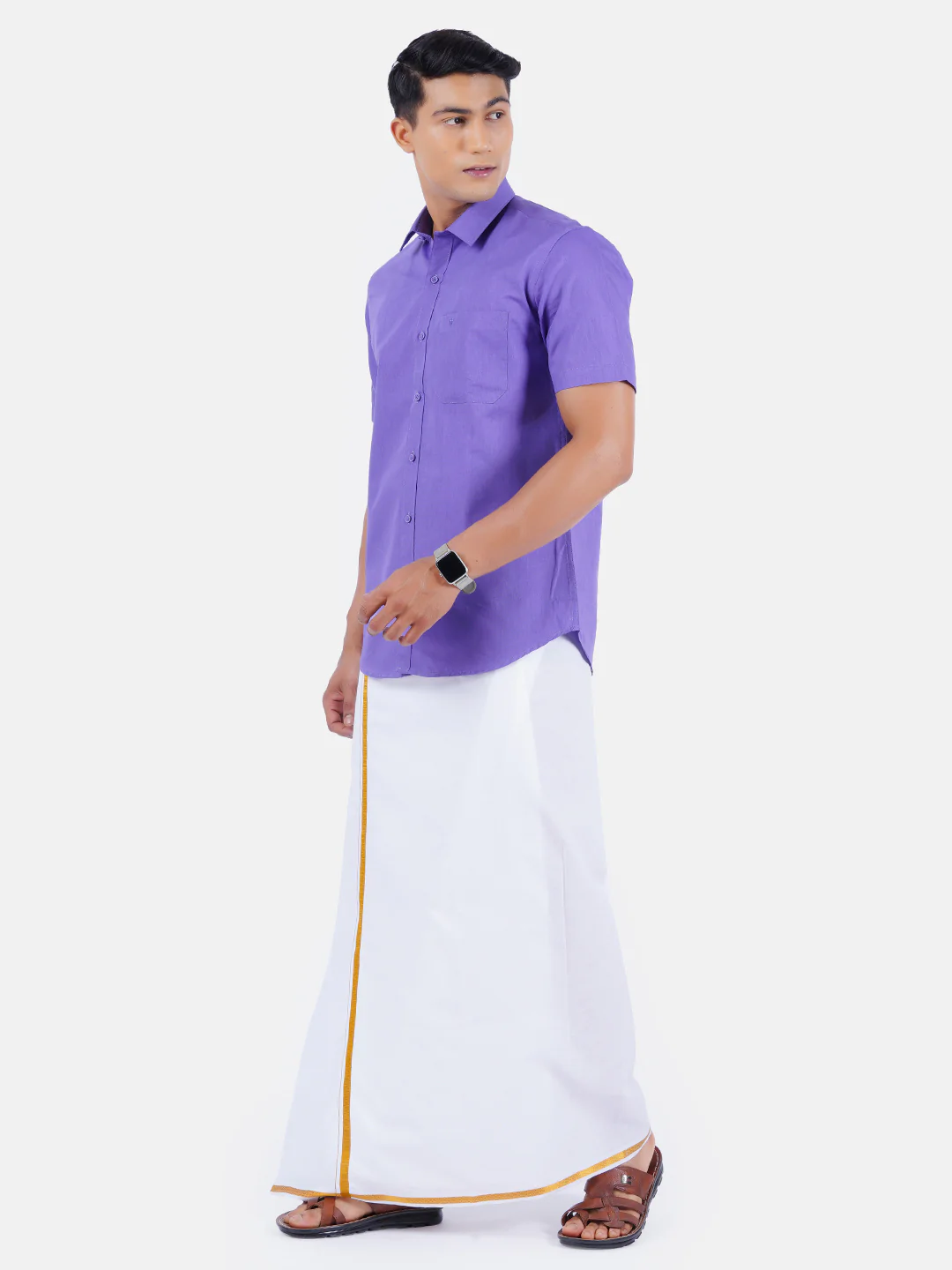 Men Lavender Half Sleeves Shirt with 1/2" Inch Gold Jari Border Single Layer Dhoti Combo - Image 2