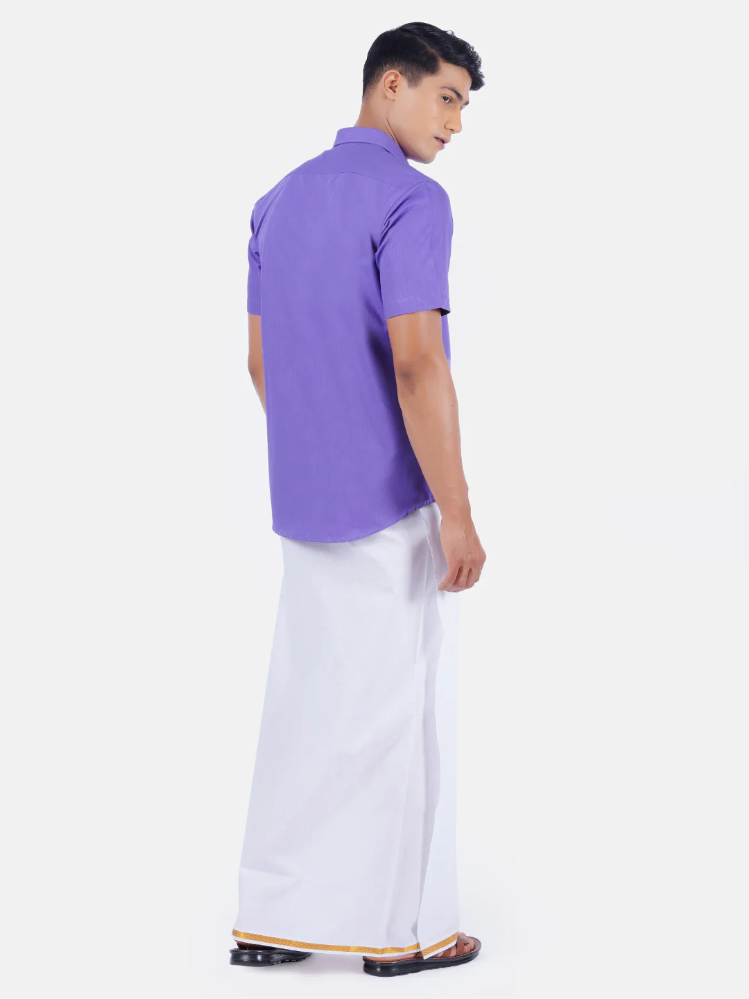 Men Lavender Half Sleeves Shirt with 1/2" Inch Gold Jari Border Single Layer Dhoti Combo - Image 3