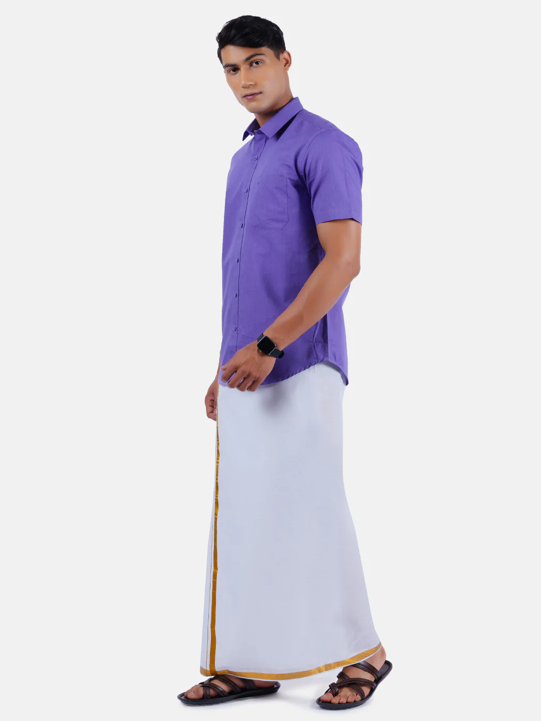 Men Lavender Half Sleeves Shirt with 3/4" Inch Gold Jari Border Single Layer Dhoti Combo - Image 2