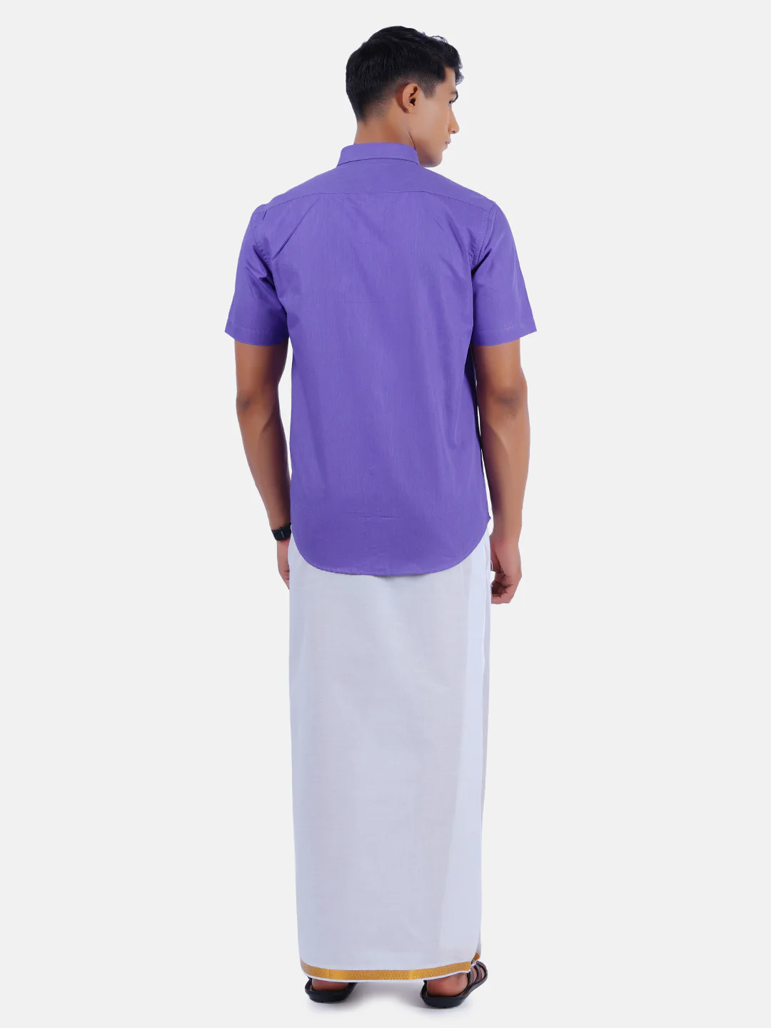 Men Lavender Half Sleeves Shirt with 3/4" Inch Gold Jari Border Single Layer Dhoti Combo - Image 3