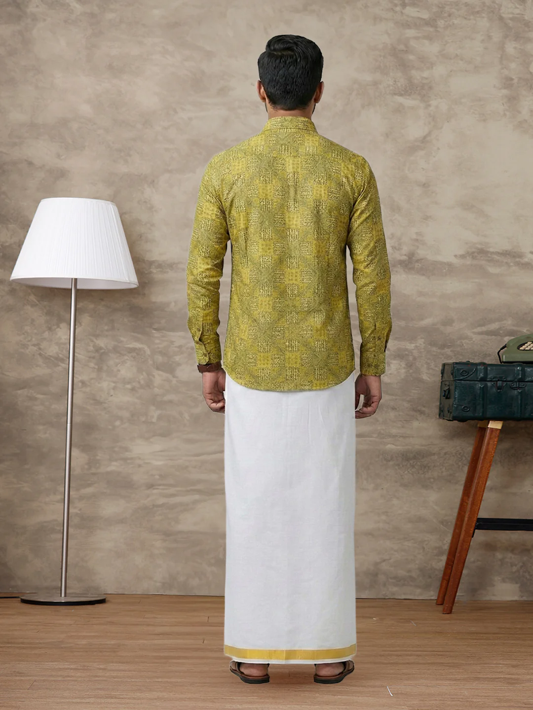 Men Lemon Yellow Matching Border Dhoti With Printed Shirt Set Fusion PS29 - Image 3