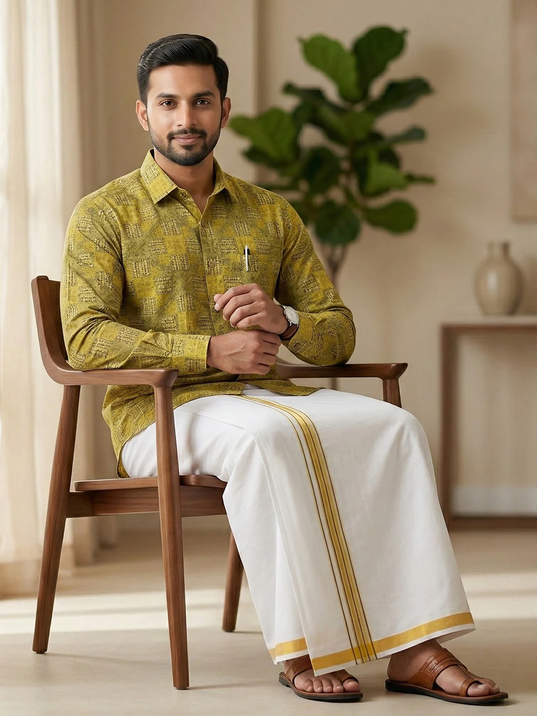 Men Lemon Yellow Matching Border Dhoti With Printed Shirt Set Fusion PS29 - Image 4