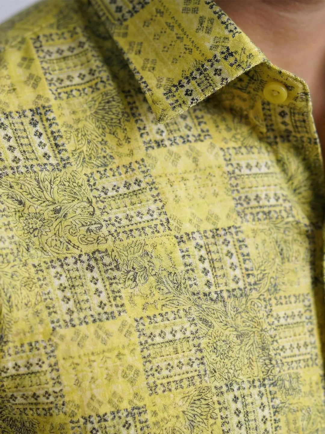 Men Lemon Yellow Matching Border Dhoti With Printed Shirt Set Fusion PS29 - Image 6