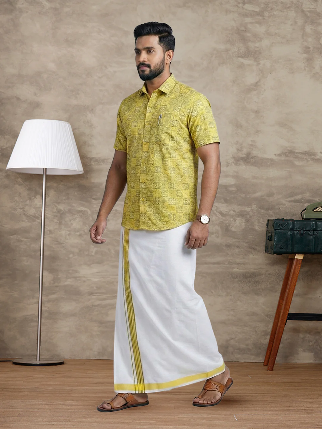 Men Lemon Yellow Matching Border Dhoti With Printed Shirt Set Fusion PS29 - Image 7