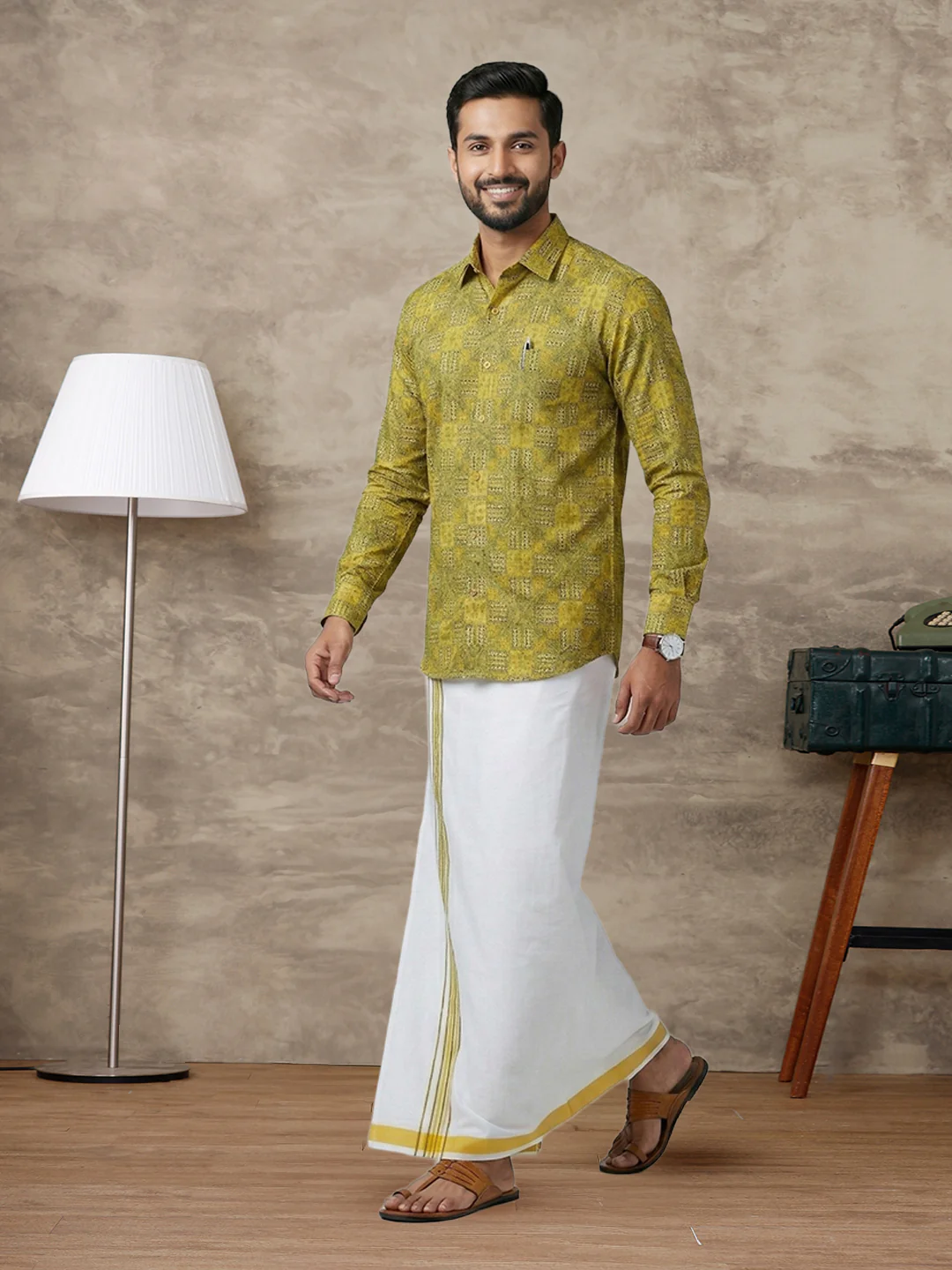 Men Lemon Yellow Matching Border Dhoti With Printed Shirt Set Fusion PS29 - Image 8