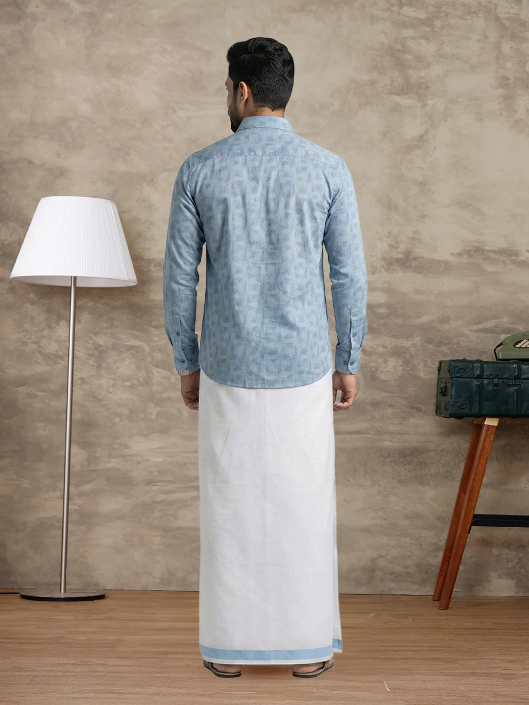 Men Light Blue Matching Border Dhoti With Printed Shirt Set Fusion PS23 - Image 5