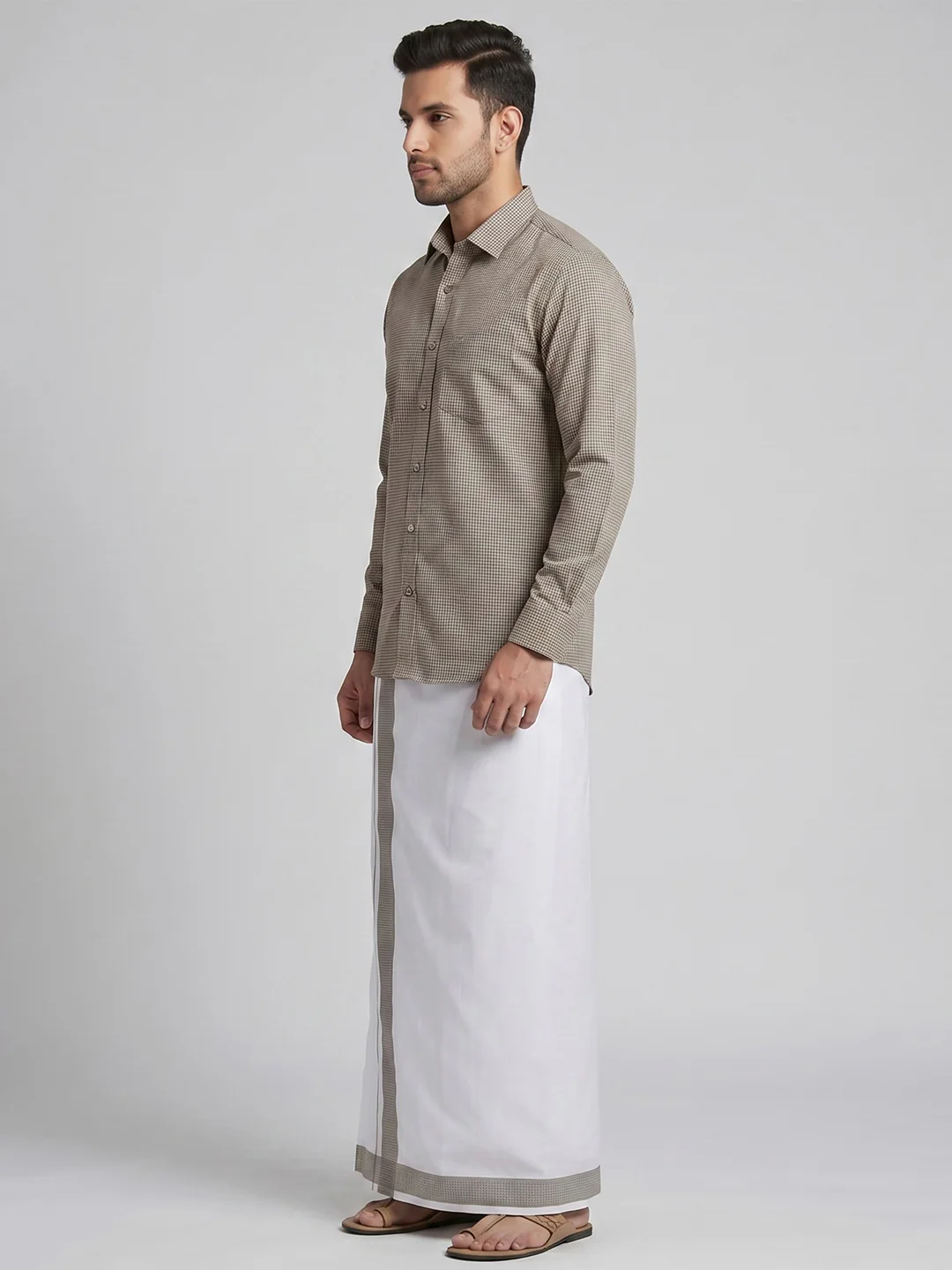 Men Light Grey Matching Border Dhoti With Printed Shirt Set Windsor HNJ2 - Image 3