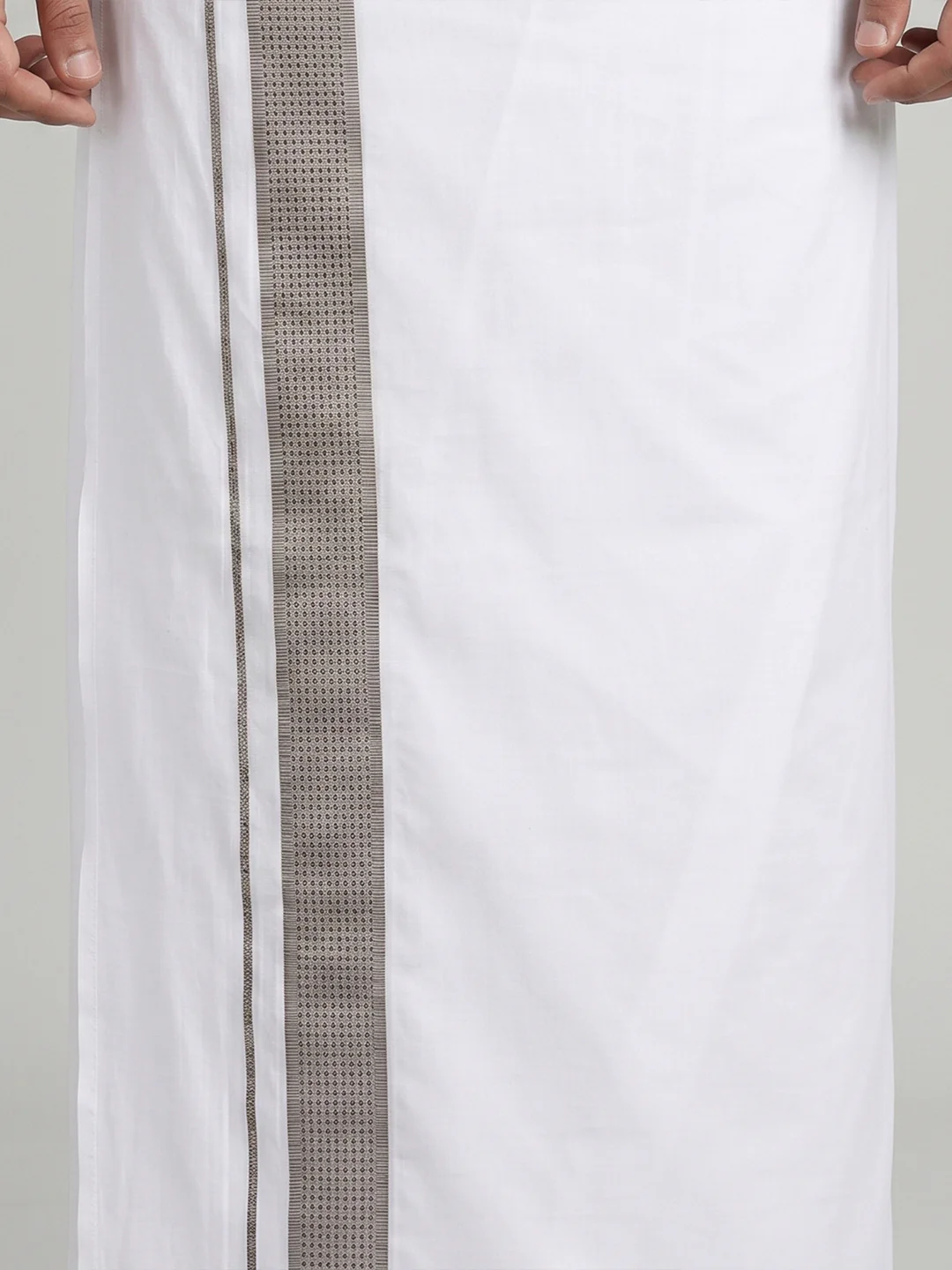Men Light Grey Matching Border Dhoti With Printed Shirt Set Windsor HNJ2 - Image 4