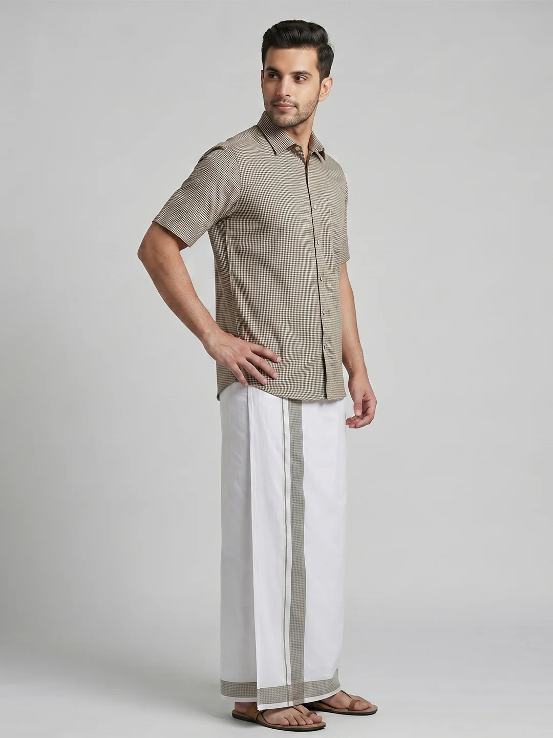 Men Light Grey Matching Border Dhoti With Printed Shirt Set Windsor HNJ2 - Image 6
