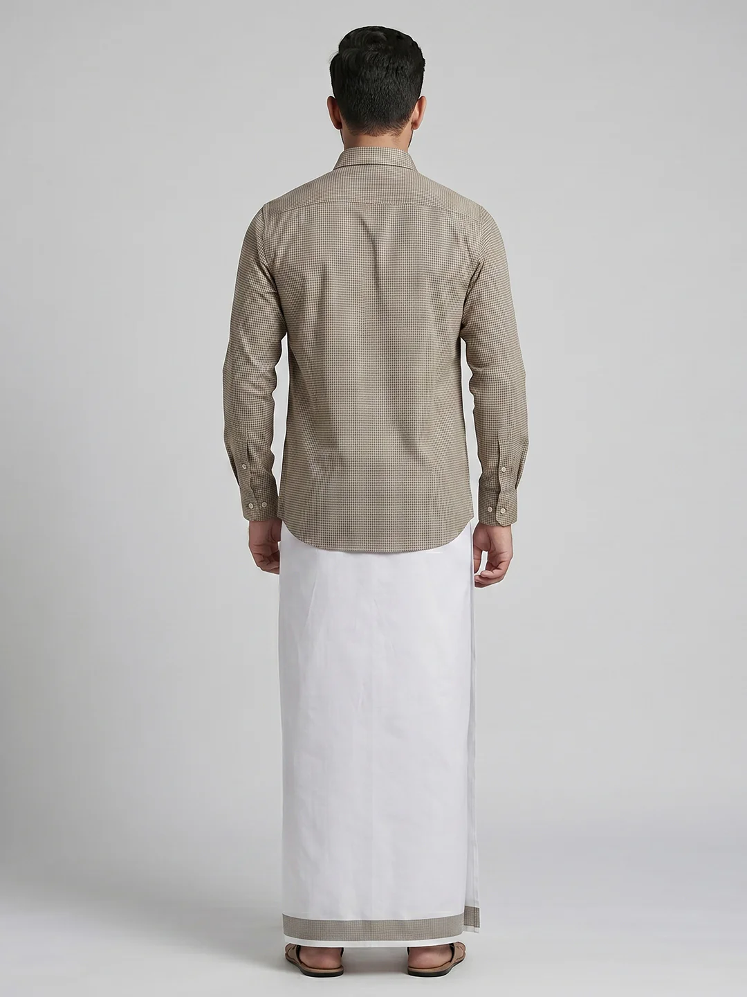 Men Light Grey Matching Border Dhoti With Printed Shirt Set Windsor HNJ2 - Image 7