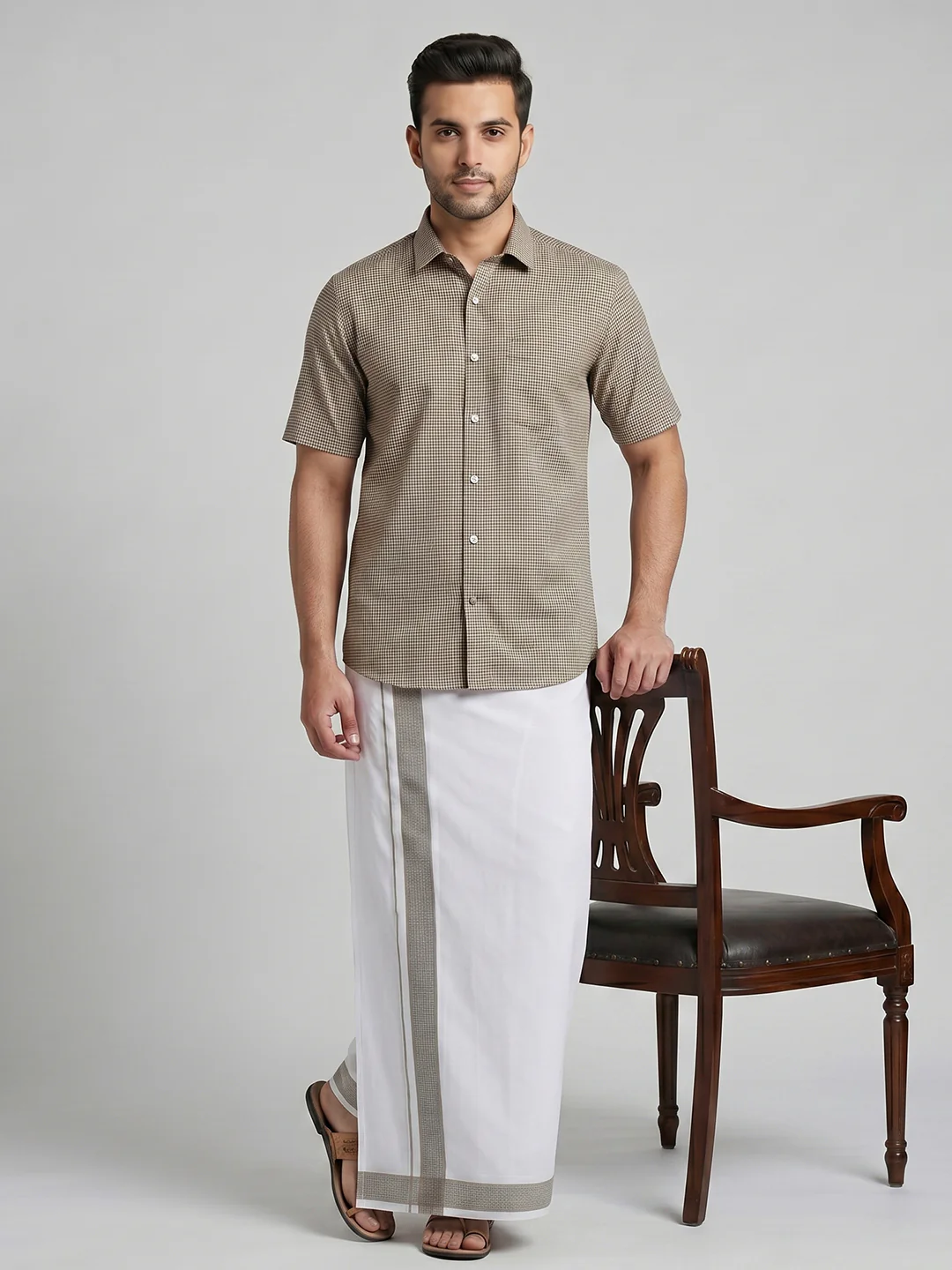 Men Light Grey Matching Border Dhoti With Printed Shirt Set Windsor HNJ2 - Image 8