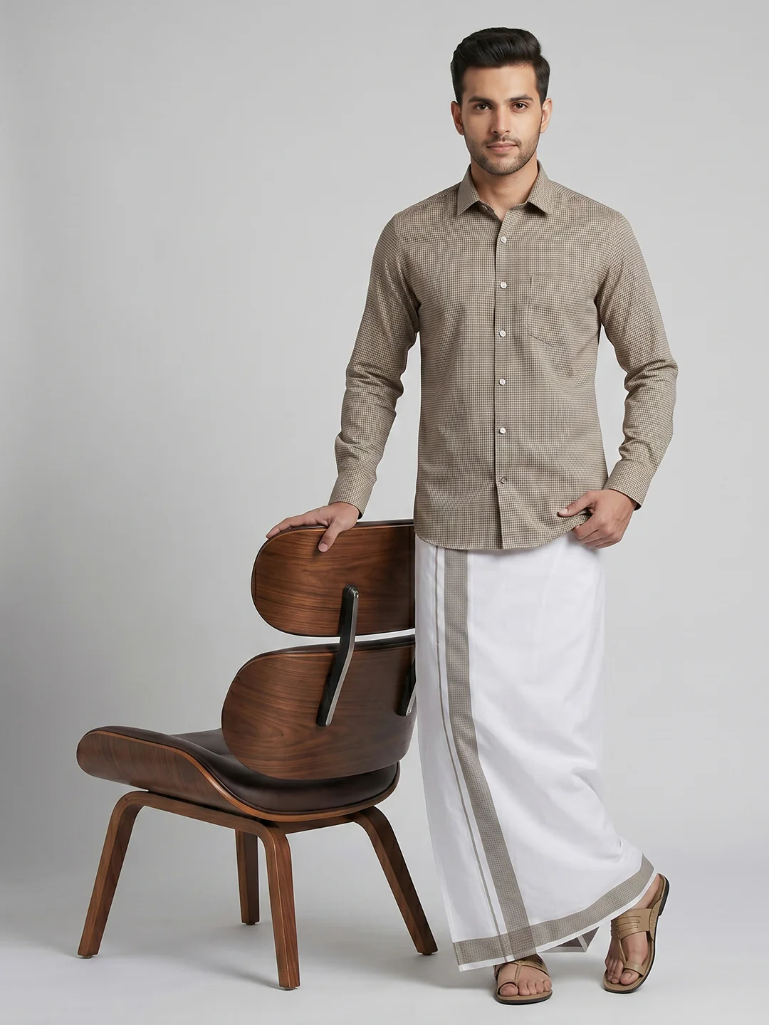 Men Light Grey Matching Border Dhoti With Printed Shirt Set Windsor HNJ2 - Image 9