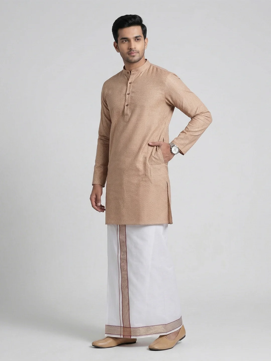 Men Light Purple Medium Length Kurta with Matching Border Dhoti Set MHJ1 - Image 2