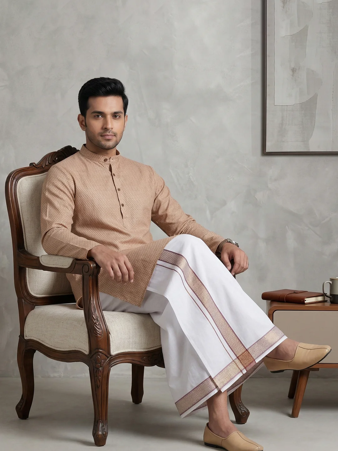 Men Light Purple Medium Length Kurta with Matching Border Dhoti Set MHJ1 - Image 4