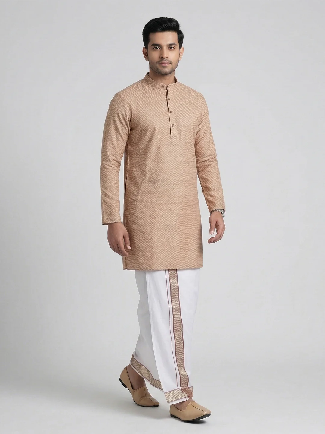 Men Light Purple Medium Length Kurta with Matching Border Dhoti Set MHJ1 - Image 5