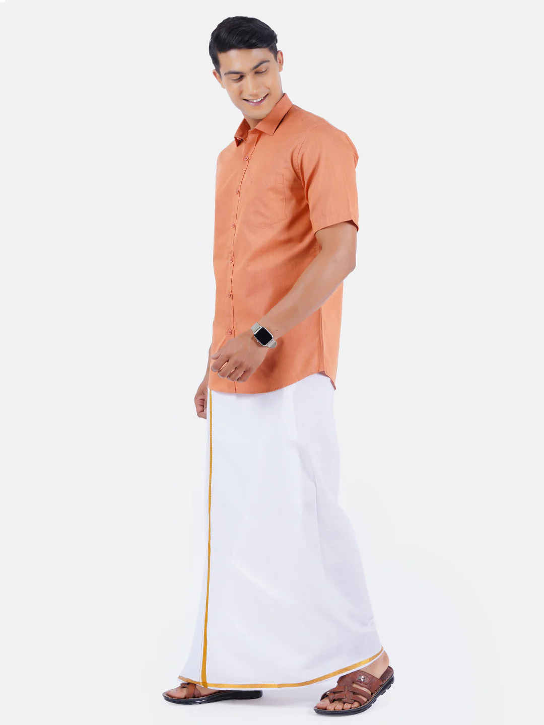 Men Light Red Full Sleeves Shirt with 3/4" Inch Gold Jari Border Single Layer Dhoti Combo - Image 2