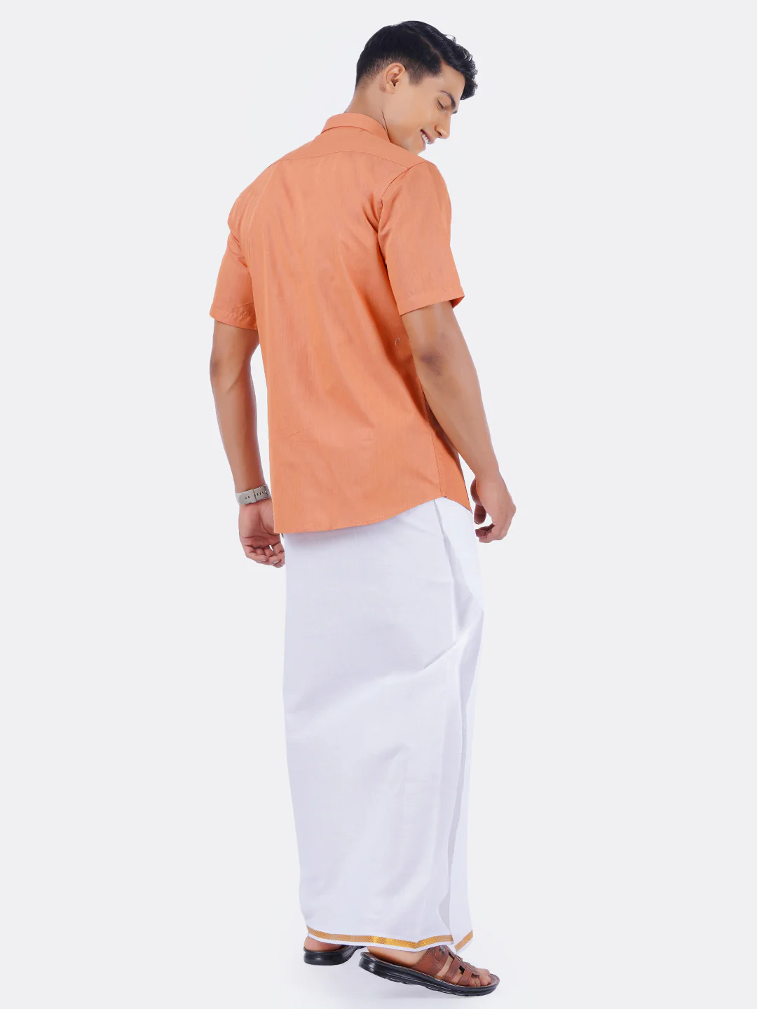 Men Light Red Half Sleeves Shirt with 1/2" Inch Gold Jari Border Single Layer Dhoti Combo - Image 3