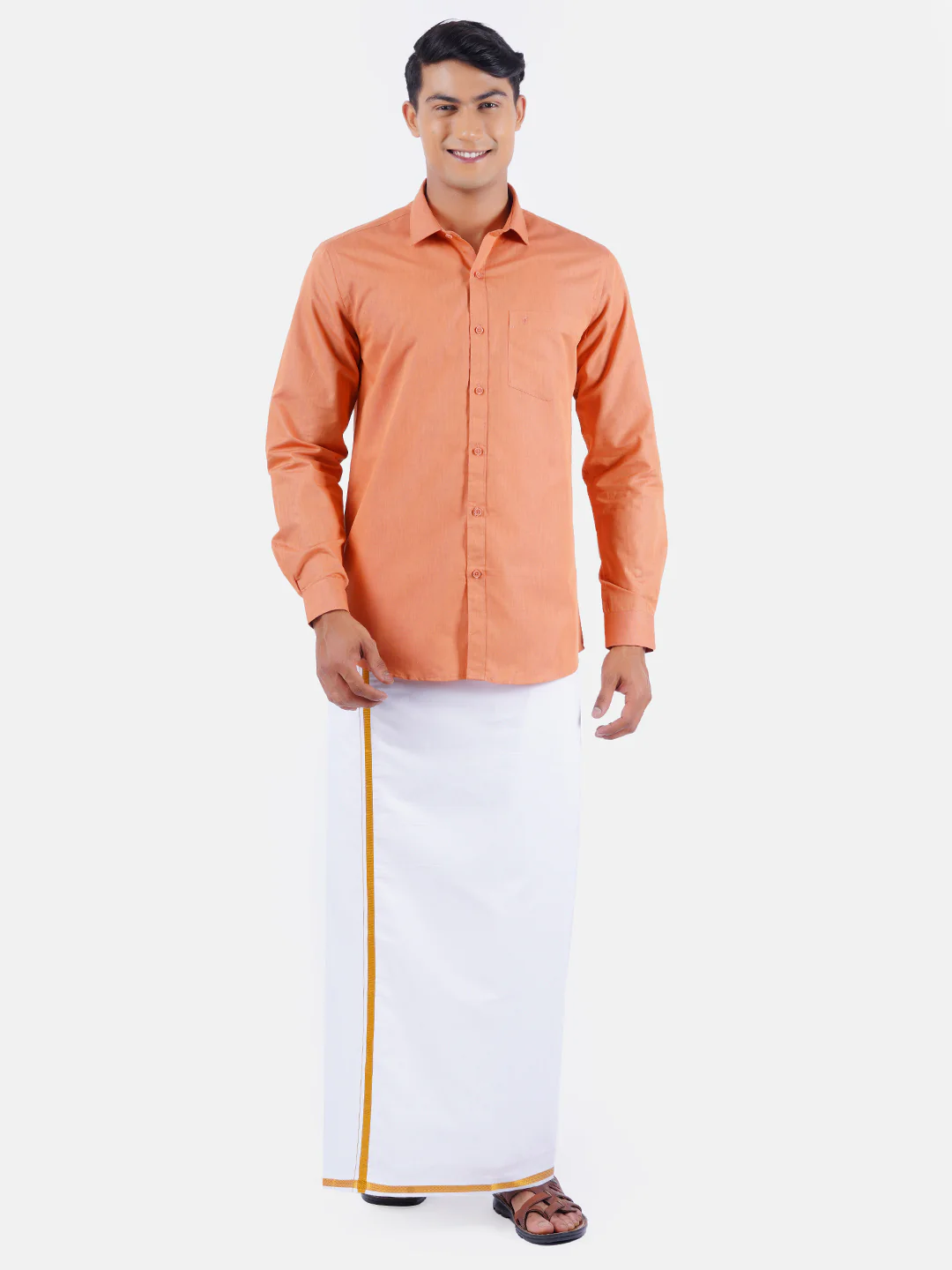 Men Light Red Half Sleeves Shirt with 3/4" Inch Gold Jari Border Single Layer Dhoti Combo