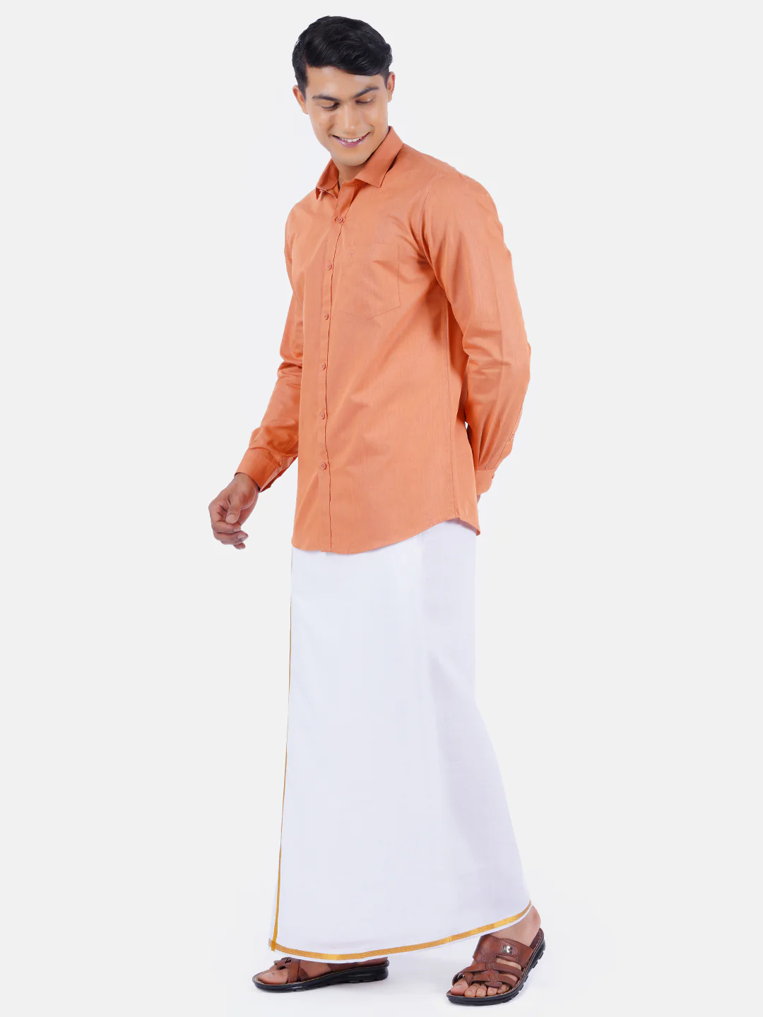 Men Light Red Half Sleeves Shirt with 3/4" Inch Gold Jari Border Single Layer Dhoti Combo - Image 2