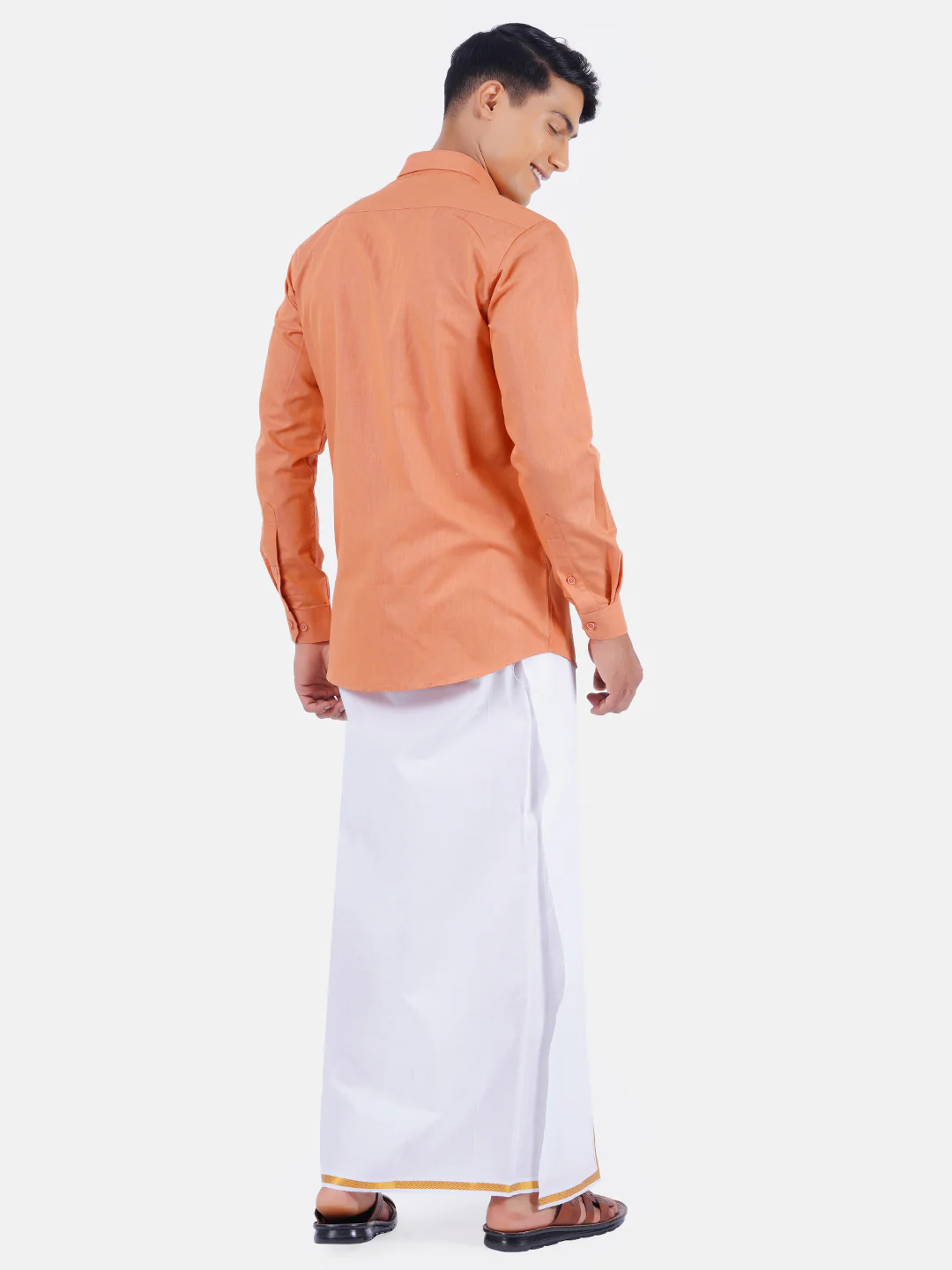 Men Light Red Half Sleeves Shirt with 3/4" Inch Gold Jari Border Single Layer Dhoti Combo - Image 3