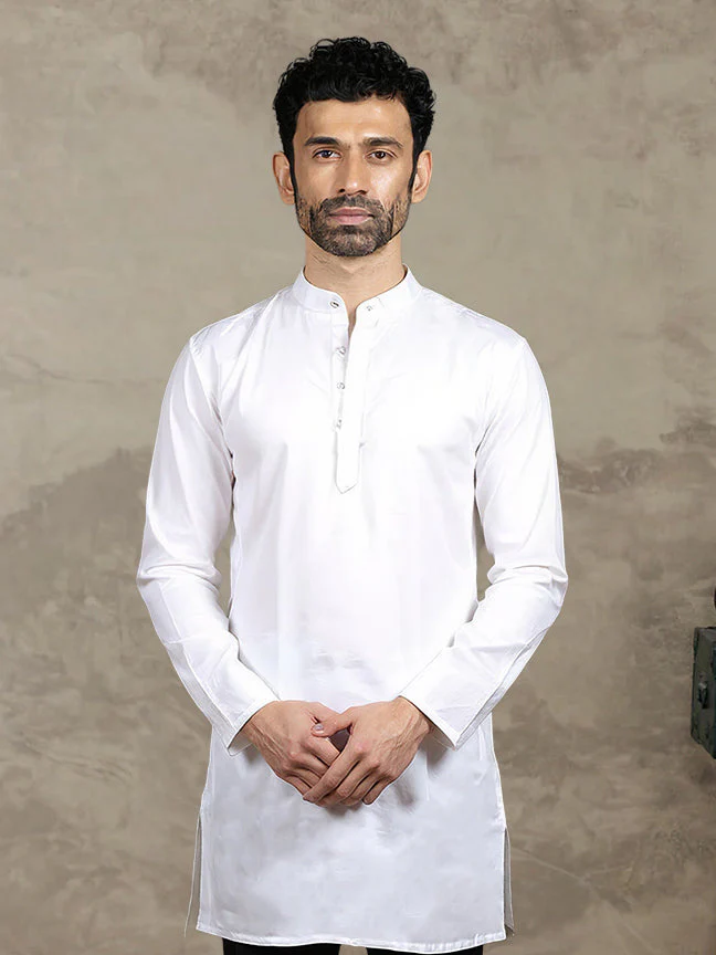Men Linen Cotton Medium Length Kurta White LC M17