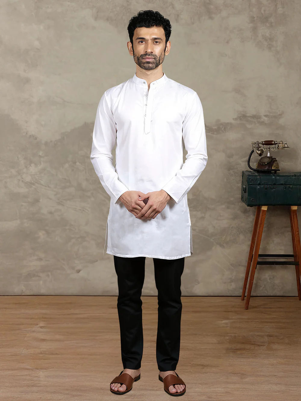 Men Linen Cotton Medium Length Kurta White LC M17 - Image 2
