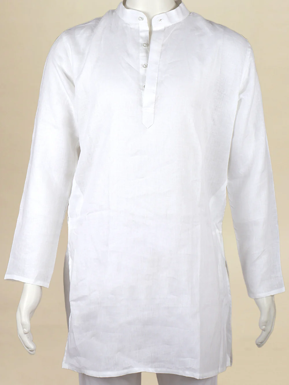 Men Linen Cotton Medium Length Kurta White LC M17 - Image 3