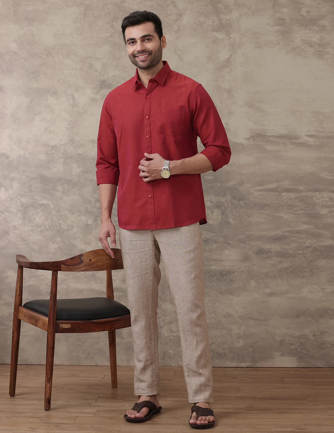 Men Linen Cotton Shirt Brick Red LF20 - Image 2